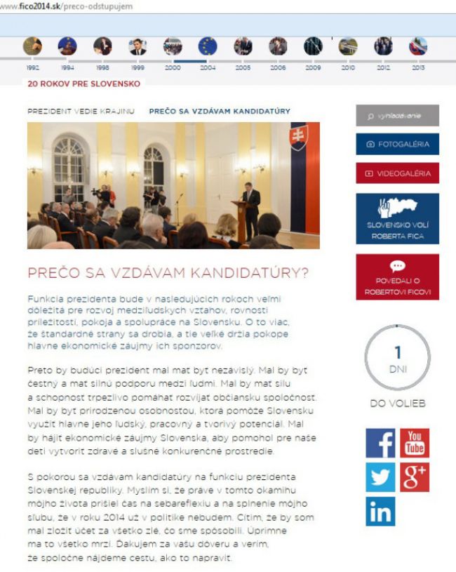 Vzdávam sa kandidatúry, písalo sa na stránke Roberta Fica