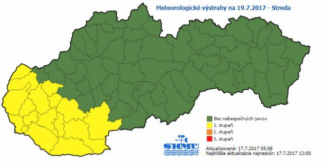 SHMÚ vydal na stredu výstrahu prvého stupňa
