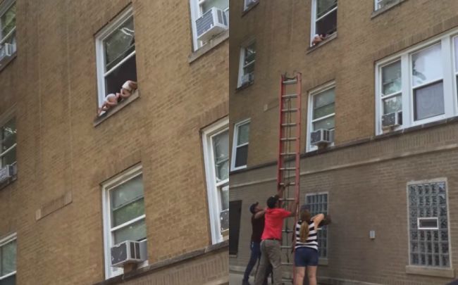 Video: Z okna na 2. podlaží viseli batoľatá, zachraňovať ich museli okoloidúci
