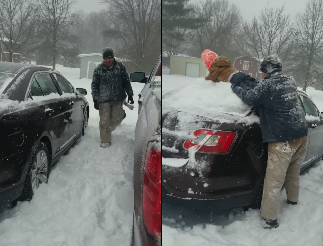 Video: Žena poslala manžela očistiť auto od snehu. Potreboval k tomu lepiacu pásku a dieťa