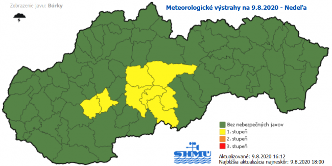 SHMÚ upozorňuje na búrky v niektorých okresoch Slovenska