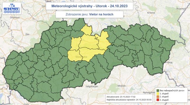 SHMÚ upozorňuje na silný vietor na horách, na utorok vydal výstrahy