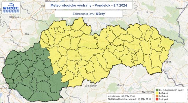 SHMÚ: Na väčšine Slovenska sa môžu vyskytnúť búrky, na východe intenzívnejšie