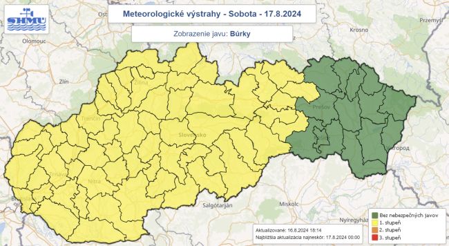 Meteorológovia na sobotu vydali výstrahu prvého stupňa