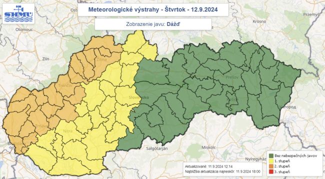 SHMÚ na štvrtok vydal pre západ a stred územia Slovenska výstrahy pred búrkami