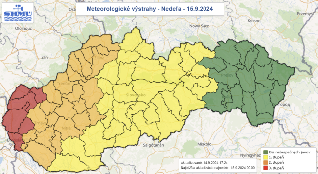 SHMÚ: V nedeľu majú na väčšine územia Slovenska pokračovať silné dažde