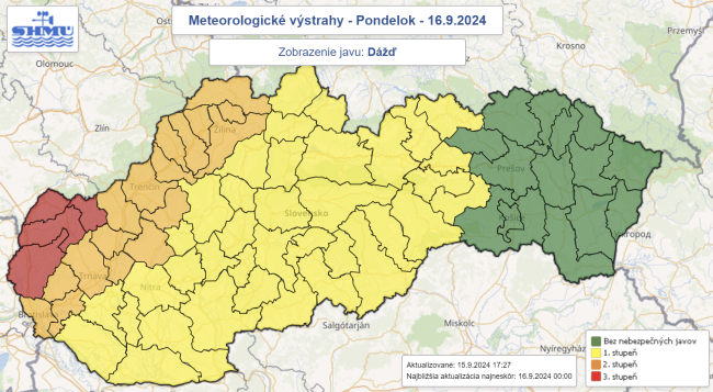 SHMÚ: Dážď môže väčšinu Slovenska potrápiť aj v pondelok, platia výstrahy