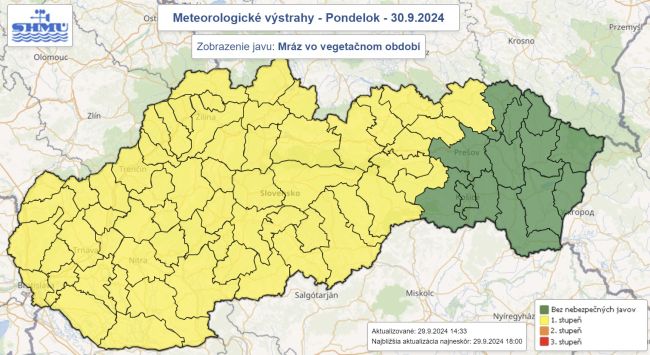 SHMÚ upozorňuje na mráz vo vegetačnom období vo viacerých okresoch