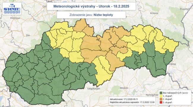 SHMÚ vydal pre niektoré okresy Slovenska výstrahu pred nízkymi teplotami